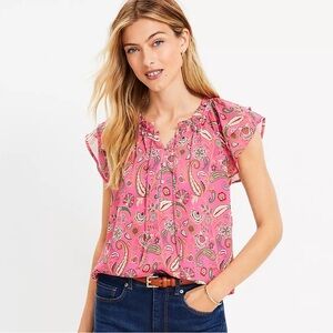LOFT Paisley Flutter Button Tie Neck Top, Size M